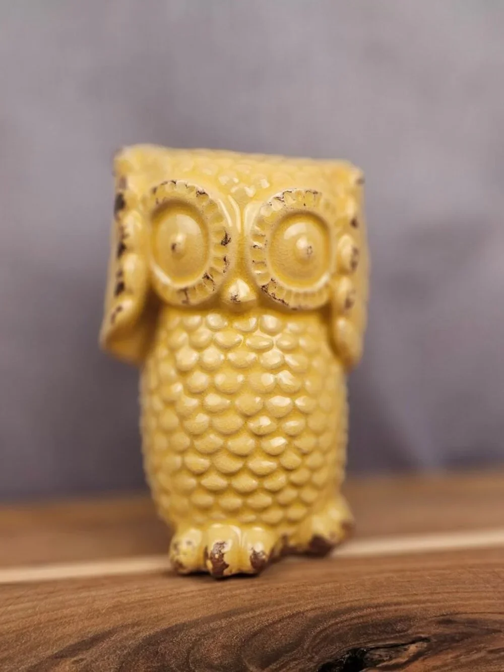 Vintage Yellow Ceramic Owl Figurine 6 In Tall Textured Glazed Decor